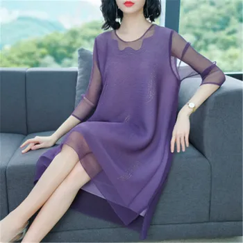 

Miyak Mesh beaded large size dress 2019 spring new fat mm fake two pieces long paragraph loose A word elegant women's clothing