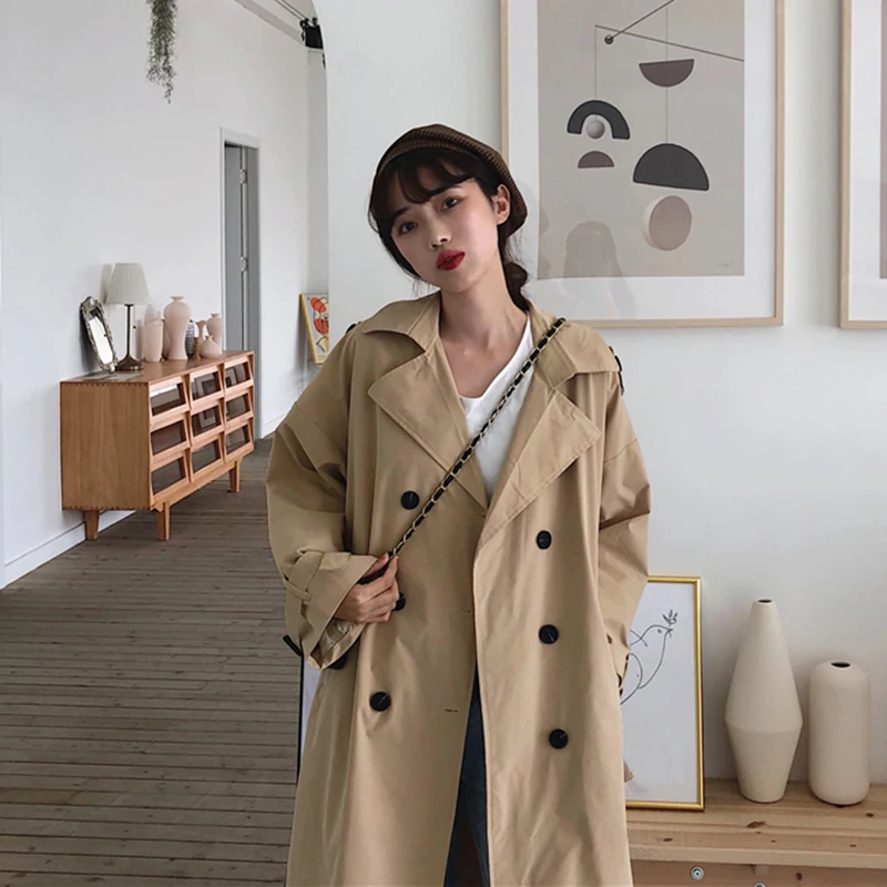 Fall Winter Women Trench Coat Large Lapel Solid Long Coat Double-breasted Long Sleeve Pocket Casual Outerwear Women Clothes