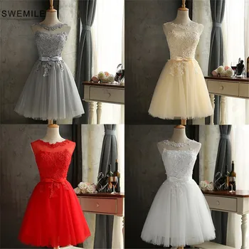 

New Short Mini Bridesmaid Dress Lace Tulle Bow Tie Lace Up Back Wedding Party Dress Prom Evening Party Dress Above Knee Robe