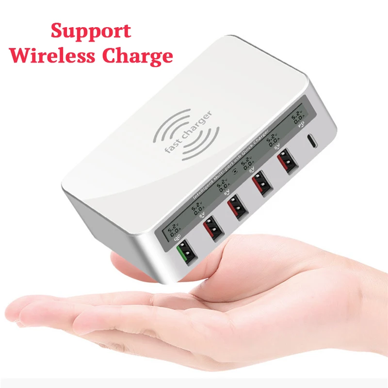 

EU/US/AU Plug QC 3.0 Quick Charger 5 Port USB Charger Wireless Charging 5V 10A LCD Voltage Current Display for iPhone Samsung