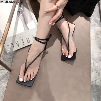 

MIULAMIULA Brand Designer 2020 Summer Fashion Luxury Narrow Band Square Toe Lace Up Sexy Kitten Heels Lady Sandals Shoes Outside