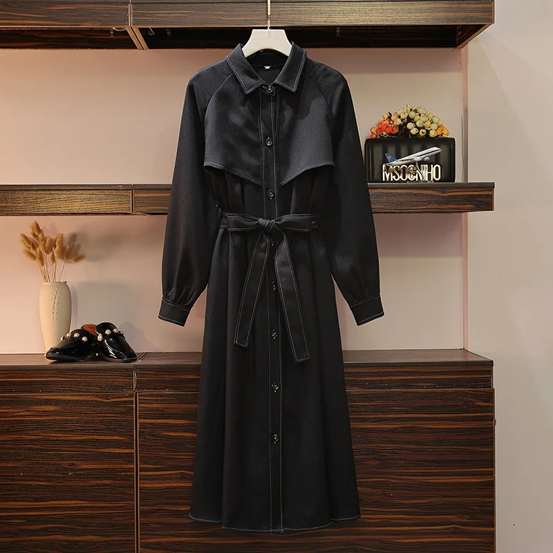 Большие размеры, осенне-зимнее женское пальто, черный пояс, длинный отложной воротник, однобортный, умный, Повседневный, офисный, женский, верхняя одежда - Цвет: Black