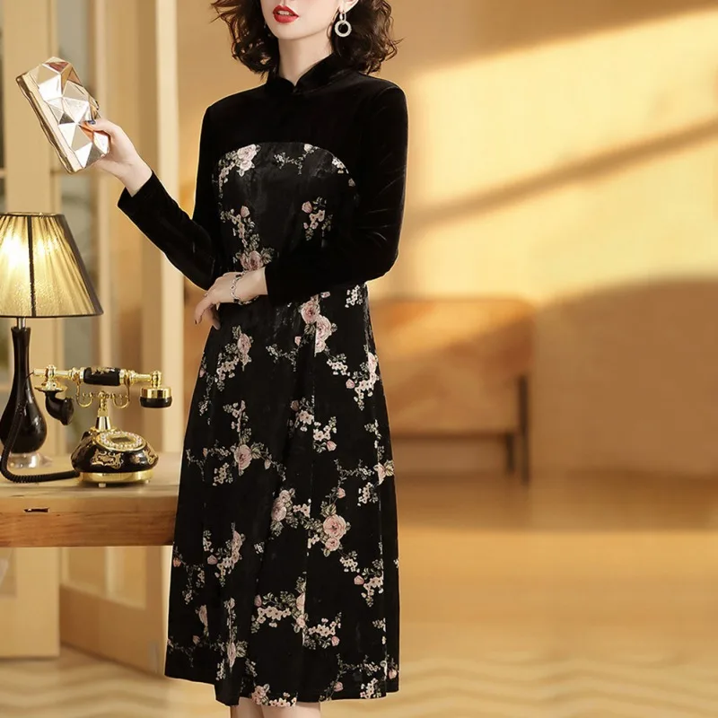 Женское осеннее платье Cheongsam с цветочным принтом элегантное длинным рукавом и
