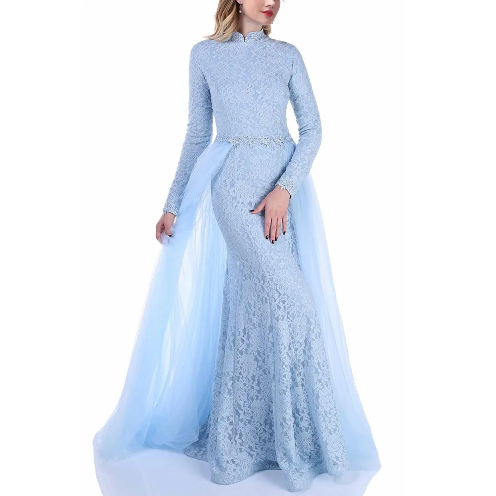 Light Blue Anshirlisa Для женщин длинный рукав кружево с высоким воротником мусульманских скромное вечернее платье Милая длинная сине-Русалка Элегантное платье для выпускного на заказ - Цвет: Light Blue