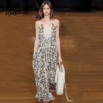 

2020 New Women'S Dress V-Neck Daisy Print Dress Sexy Backless Sleeveless Loose Dress Fashion Beach Holiday Long Dress Vestidos