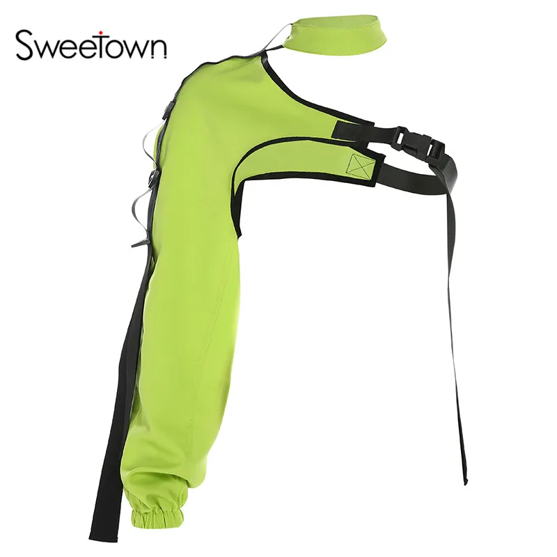 green Sweetown панк готический светоотражающий кроп Топ Футболка с пряжкой сексуальный чокер воротник на одно плечо женские летние топы уличная - Цвет: green