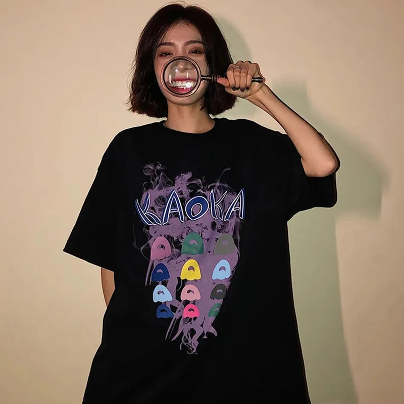 

Goth cotton Short Sleeve Top Tee Female Kawaii y2k mujer Grunge kpop Harajuku Music girl Print Black Crop Women T-shirt