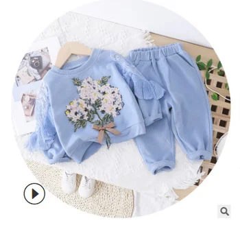 

2020 new spring girl flower pattern fluffy yarn sleeve suit female baby suit pink + blue fashion