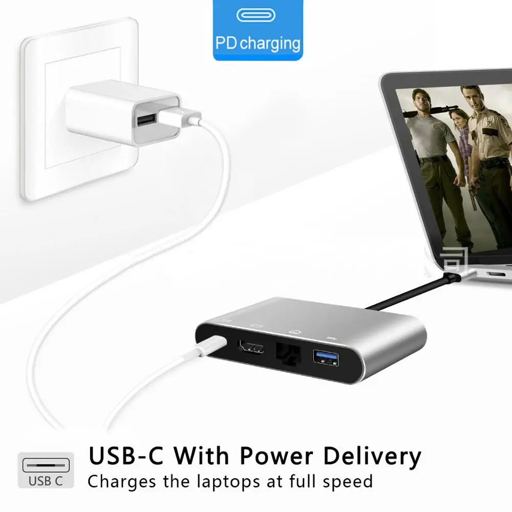 USB Type-C Thunderbolt 3 to HDMI 4K Ethernet Gigabit Adapter USB-C USB 3.0 Hub Converter Type-C PD OTG Hub Adapter for Macbook 4