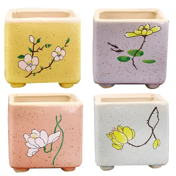 

4Pcs Square Ceramic Pots Hand-painted Mini Succulent Pots Flower Pots Garden Decorations Outdoor Decor (Yellow + Azure + Pink +