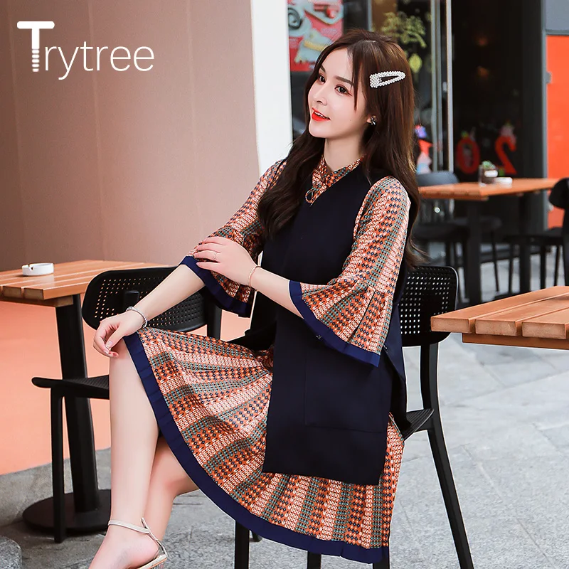 

Trytree Autumn Women two piece Set Casual Print Three Quarter Flare Sleeve Mini Dress + Vest Pockets Buttons Set 2 Piece Set