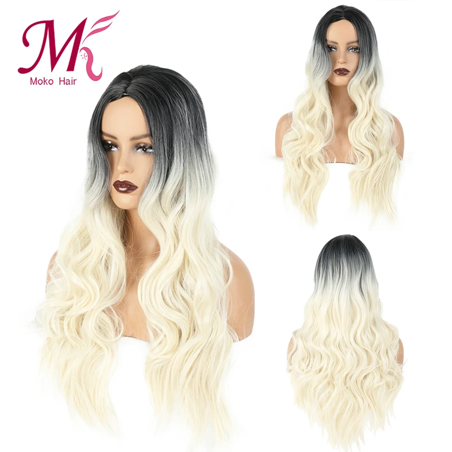 Длинные женские парики Moko Ombre Платиновые светлые термостойкие синтетические
