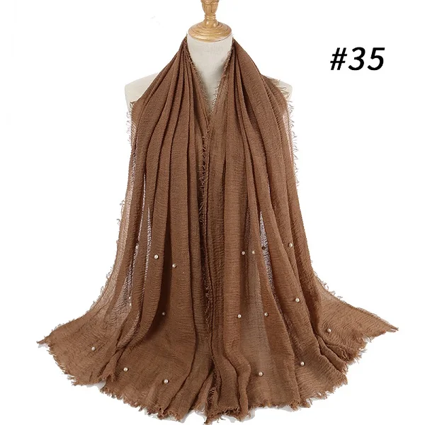 Мусульманский женский однотонный шарф-хиджаб, Женский хлопковый шарф с жемчужинами, качественный головной убор, зимние мягкие плиссированные шали 180x95 см, 55 цветов - Цвет: 35