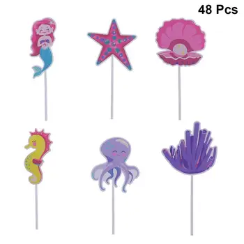 

48pcs Cake Topper Mermaid Themed Decoration Fruit Food Picks Cake Decorating Insert Cupcake Toppers For Birthday Wedding Banquet