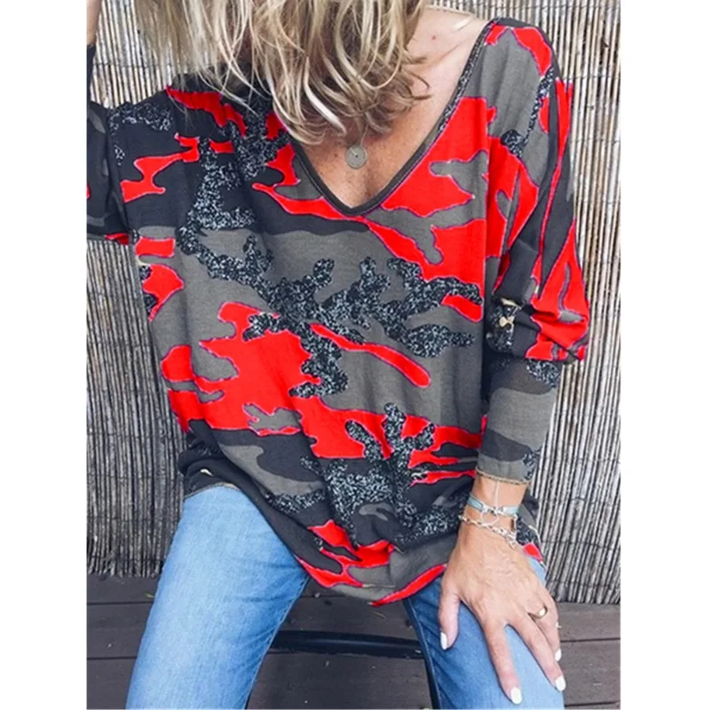 Tanie Plus rozmiar 5XL 2019 nowych kobiet Camo bluza z kapturem z nadrukiem zima z długim rękawem Casual V Neck bluza damska odzież w dużych rozmiarach koszulki w stylu k pop
