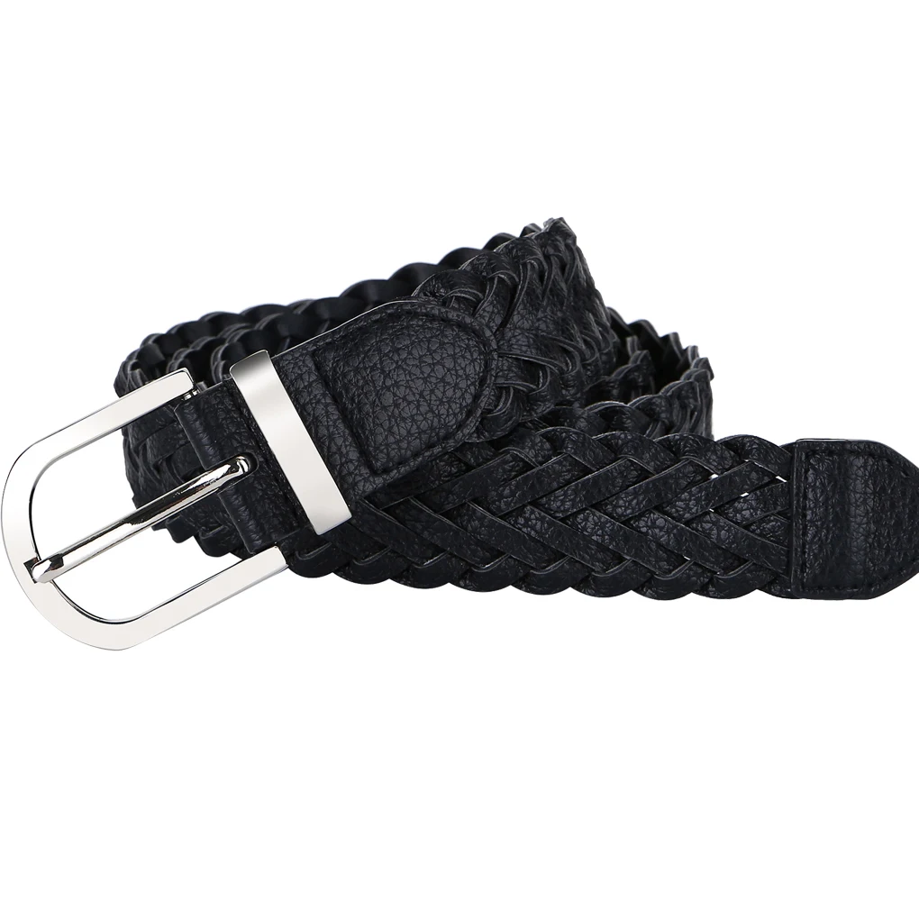 Women Braided Belt Woven PU Belt Metal Pin Oval Buckle Wide Stretch Elastic Thick Waistband for jeans width 3cm