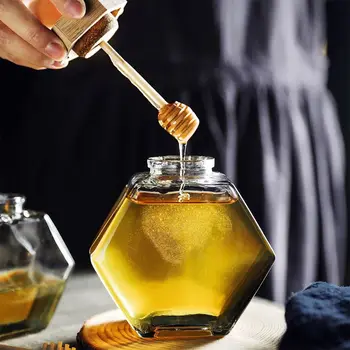 

220ML/380ML Hexagonal Glass Honey Bottle with Wooden Stirring Rod
