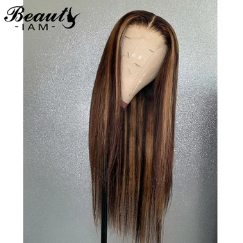 

150Density Straight Highlight Honey Blonde Lace Front Human Hair Wigs Virgin Glueless Brown Wig Pre Plucked With Baby Hair