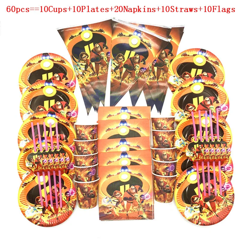 

For 10/20 People Disney Incredibles Prince Tableware Set total Children Birthday Party Supplies Decorations 60Pcs/90Pcs
