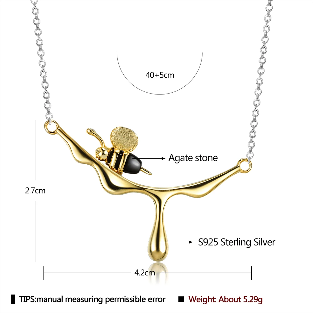 SILVERHOO 925 Sterling Silver Gold Color Bee And Dripping Honey Earrings Necklace For Women Valentine's Day Handmade Jewelry Set