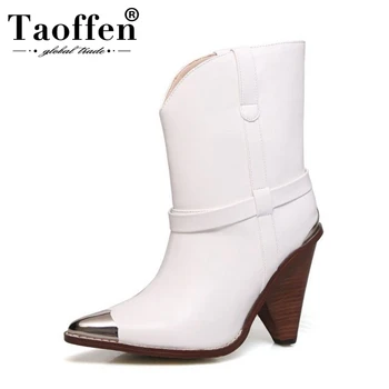 

Taoffen Real Leather Women Ankle Boots Slip On Winter Warm Shoes Women Pointed Toe Snake Print Female Footwear Size 34-44