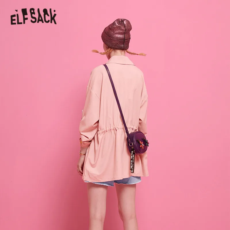ELFSACK, розовое однотонное повседневное женское пальто с карманами, осень, женские тренчи с коротким рукавом, Офисная Женская верхняя одежда