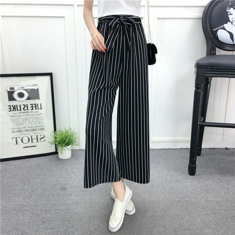 

Faylisvow Summer Wide Leg Pants Women Elegant Bow Belt Striped High Waist Loose Trousers Korean Style Autumn Office Ladies Pants