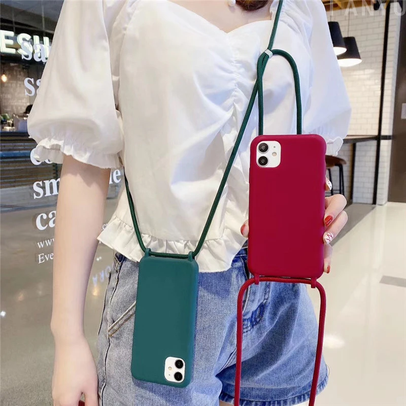 

Panyu Phone Case For iPhone 11 Pro X XS XR Max 8 7 6 6s Plus SE2 Candy Pure Color Back Sling Soft TPU Silicone Hang Rope Shell