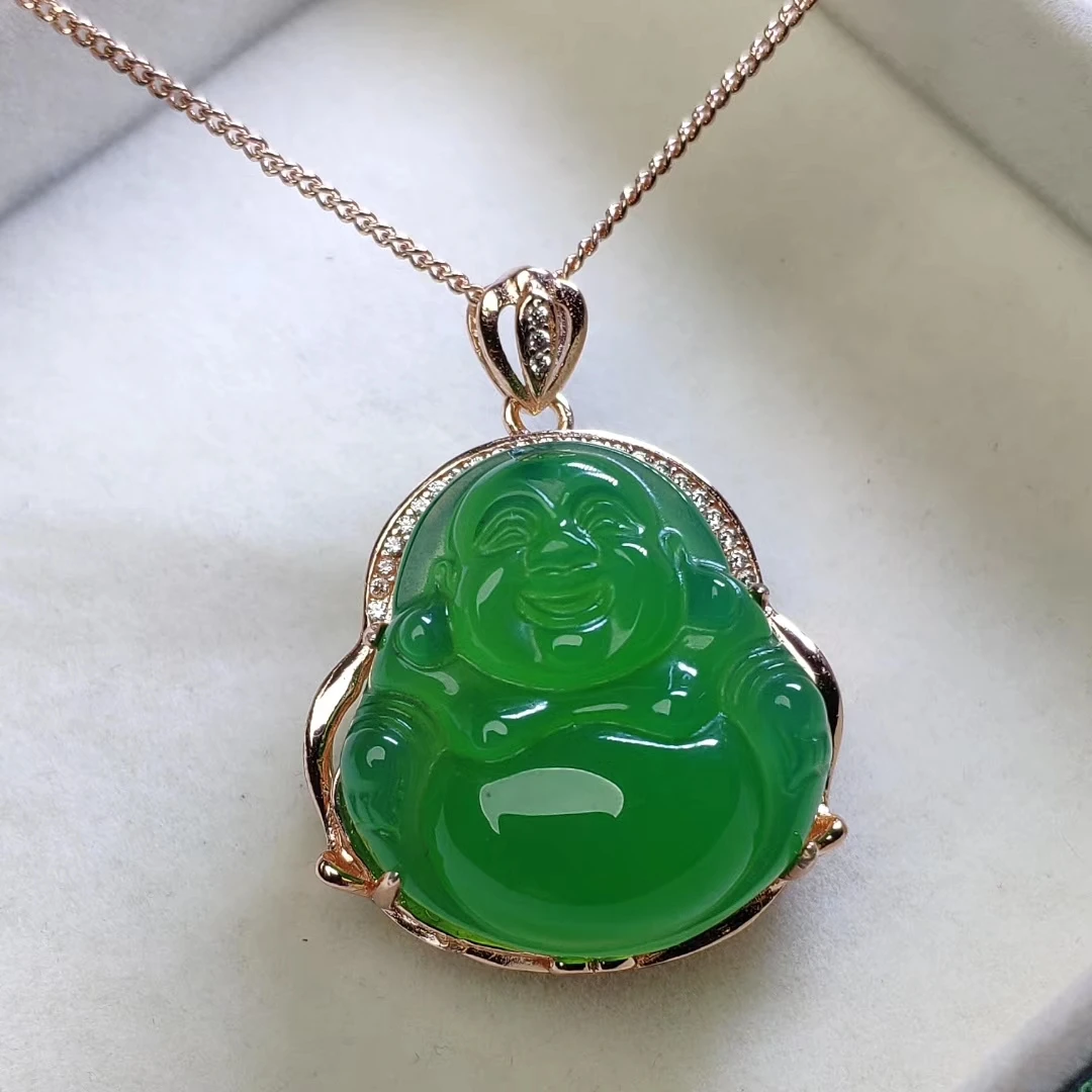 

Green Jade Buddha Pendant Necklace Set 18k Gold Plated Hip Hop Jewelry