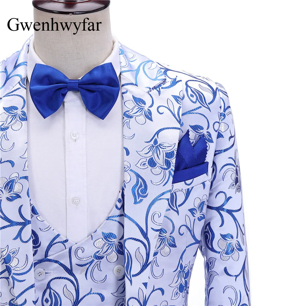 Gwenhwyfar Luxury Orchid Pattern Men's Wedding Suits 2021New Gentlemen Tuxedo Peaked Lapel Jacket Double Breasted Vest Slim Pant 3