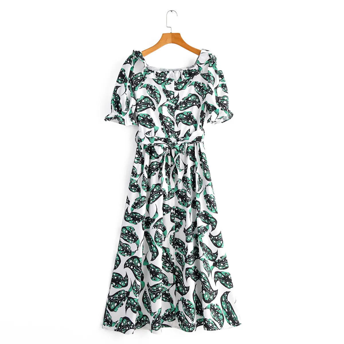 

Europe And America WOMEN'S Dress 2020 Spring New Style Square Collar Green Leaf Printed Lace-up Puff Sleeve Dress A9bs9514