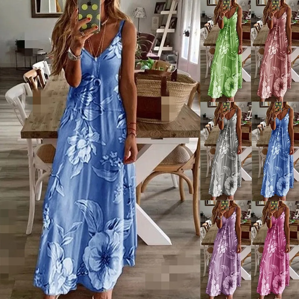

2020 Women Casual Loose Strap Floral Summer Sexy Boho Bow Camis Befree Maxi Dress Plus Sizes Big Large Dresses Robe Femme