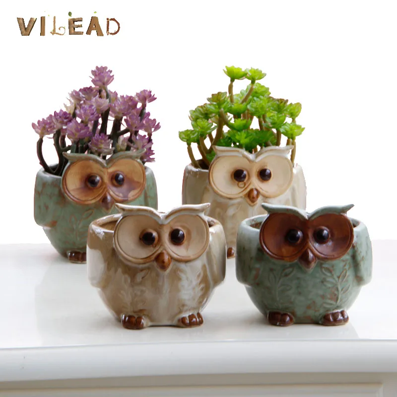 

VILEAD 10cm Ceramic Owl With Big Eyes European Vintage Cute Cactus Succulent Plant Pots For Flower Vase Decoration Home