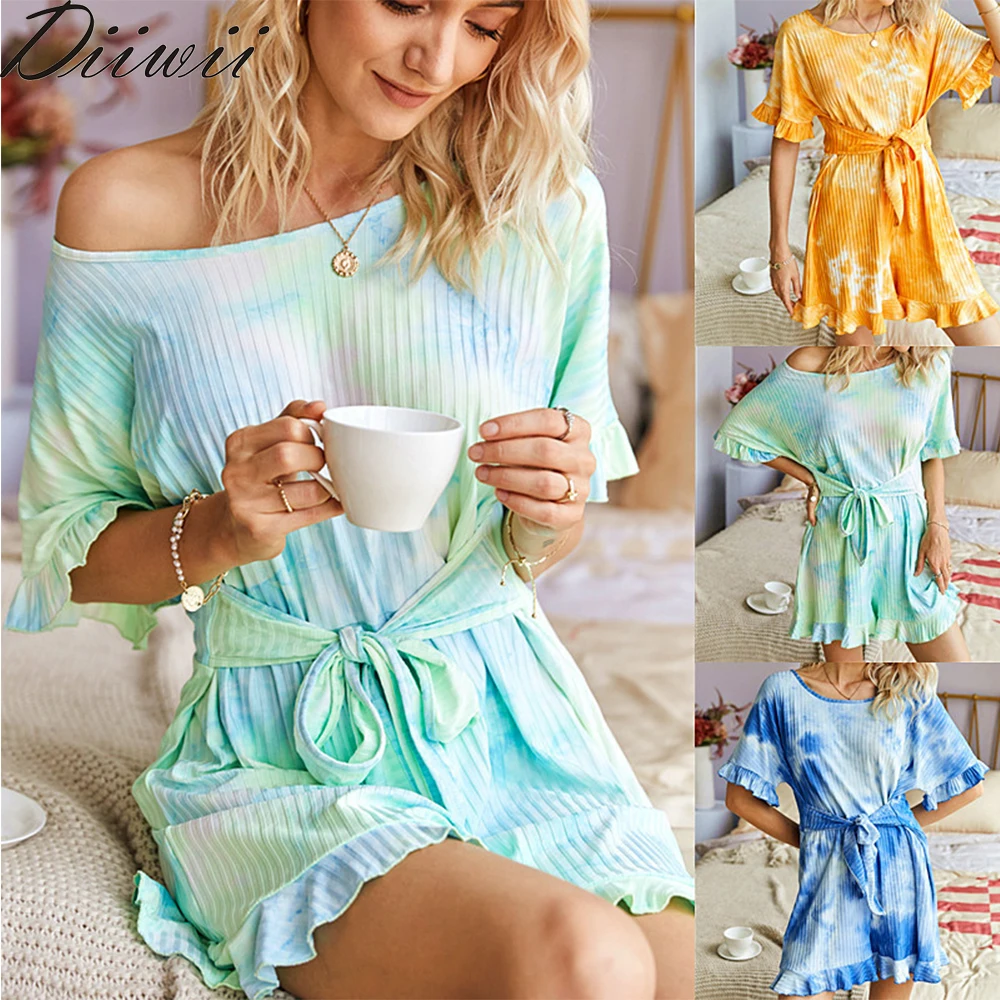 

Diiwii Woman Loose Jumpsuit Casual Short Sleeve Playsuits Sexy Beach Tie Dyed Print Lace Up New Summer Fashion Lady O-Neck