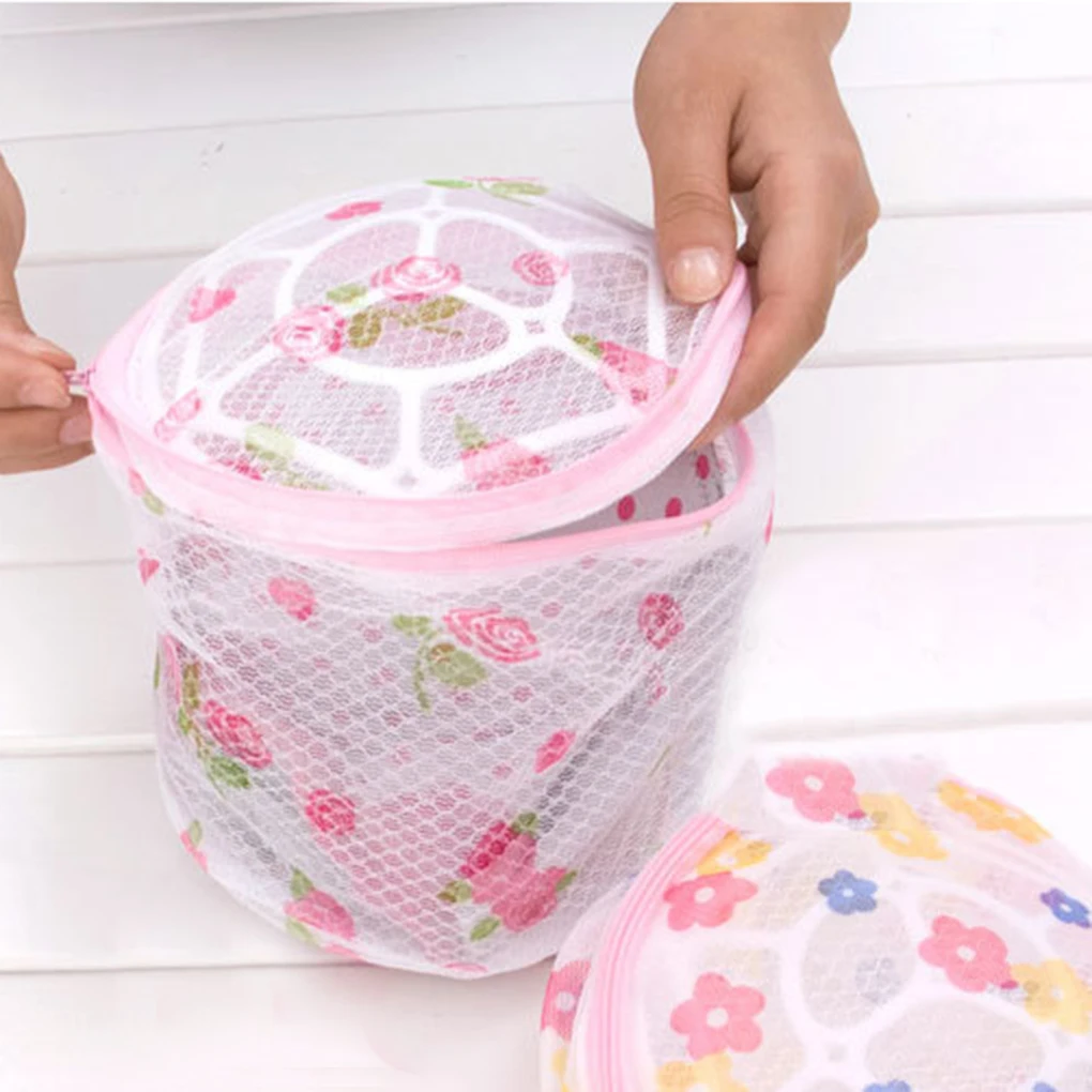 

Round Mesh Laundry Bag Underwear Bras Dirty Portable Wash Zipper Closure Plastic Frame Bags Net Household Pattern Random