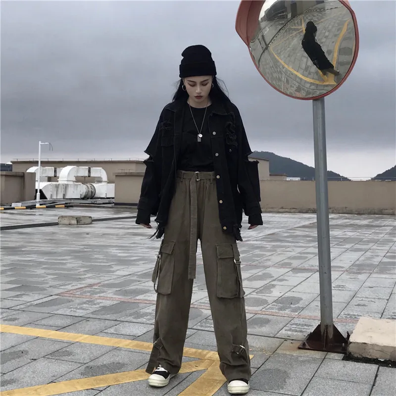Harajuku на молнии уличная Женская Повседневная шаровары с цепочкой однотонные черные брюки крутая Мода хип хоп длинные брюки капри размер
