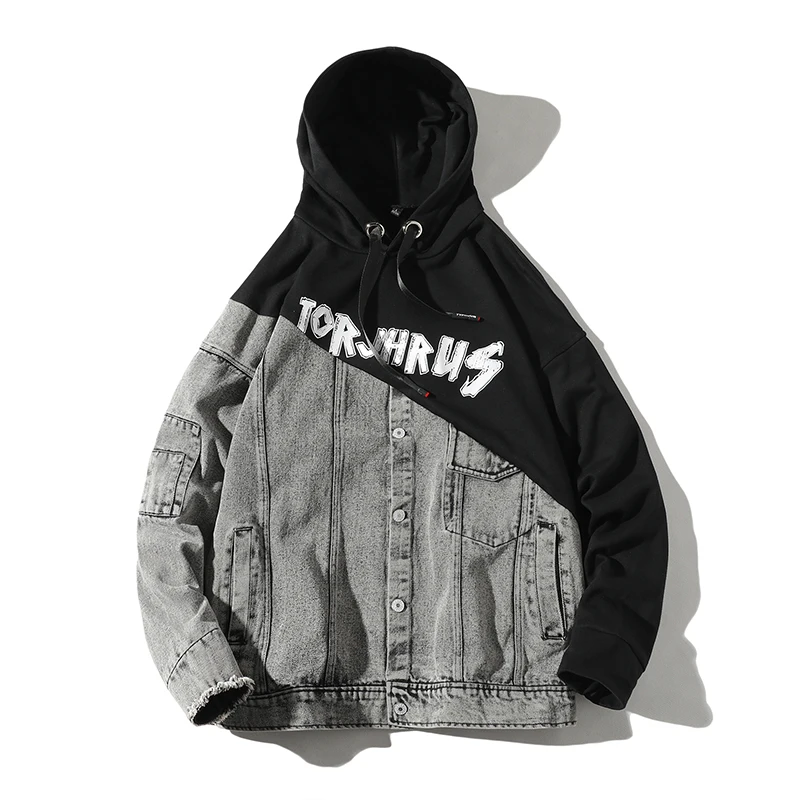 

Man autumn Denim jacket patchwork printed hoodie patchwork coat