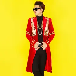 Мужская куртка для ночного клуба мужские певцы сценическое шоу красный бархат хип хоп Тренч DJ Бар костюмы для танцоров для певицы для сцены