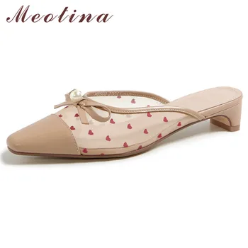 

Meotina Bow Real Leather Mid Heel Mules Shoes Pearl Cutouts Women Pumps Square Toe Thick Heels Ladies Footwear Summer Apricot 40