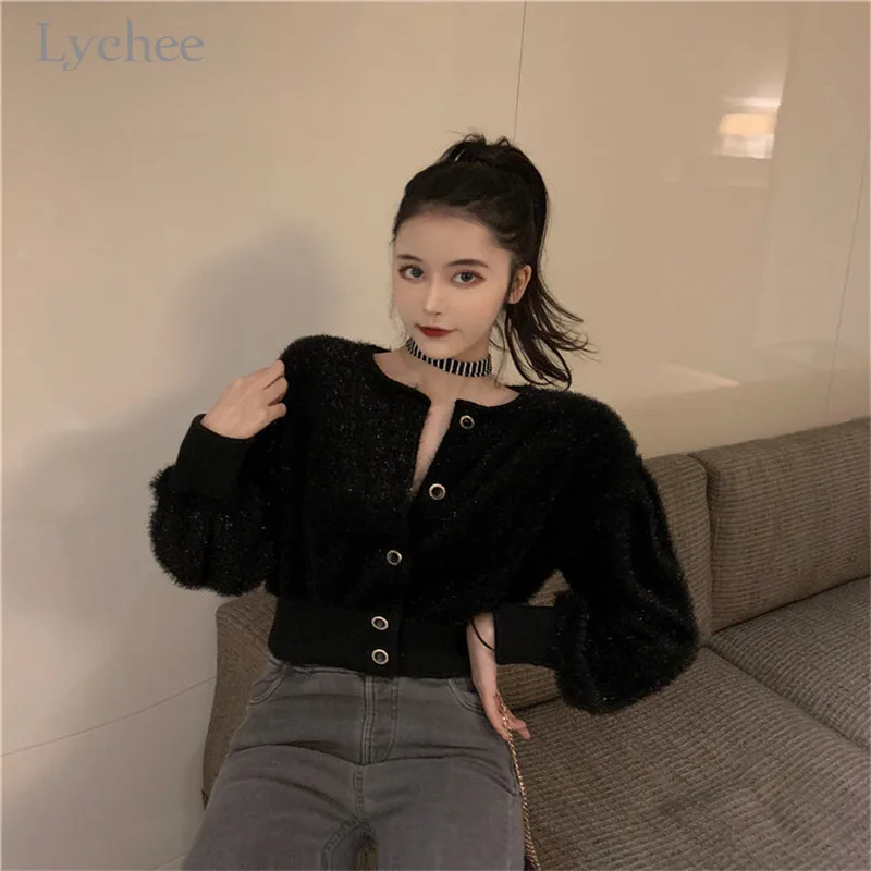 Lychee Harajuku, сплошной цвет, Fluzzy, женское Укороченное пальто, модная кнопка, женские укороченные куртки, верхняя одежда, повседневные теплые зимние женские пальто, топы