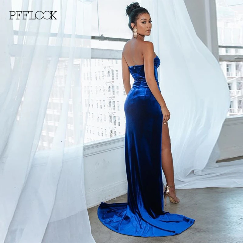 PFFLOOK Velvet Split Sexy Party Dress women Off Shoulder Strapless Maxi Long Dress Bodycon Female Elegant Club Vestidos