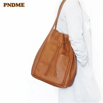 

PNDME fashion leather women's shoulder tote bag casual designer real cowhide female weekend shopping handbag with inner bag