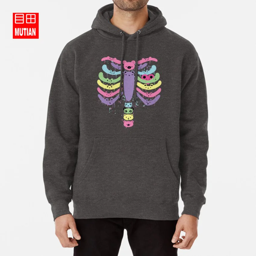 darkgrey-hoodie Кавайные толстовки с капюшоном с изображением медведя, кости, кавайные толстовки с капюшоном, феи Кэй, медведь, кости, ribcage, скелет, пастельная Радуга, Пастельная пастель, кавайная Милая - Цвет: darkgrey-hoodie