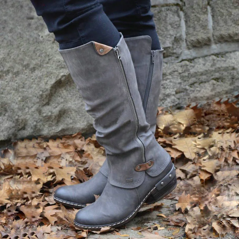 

Women Western Cowboy Knee Boots Punk Boots warm Fashion Low Thick Heel Side Zippper Booties Snow Long Shoe autumn and winter