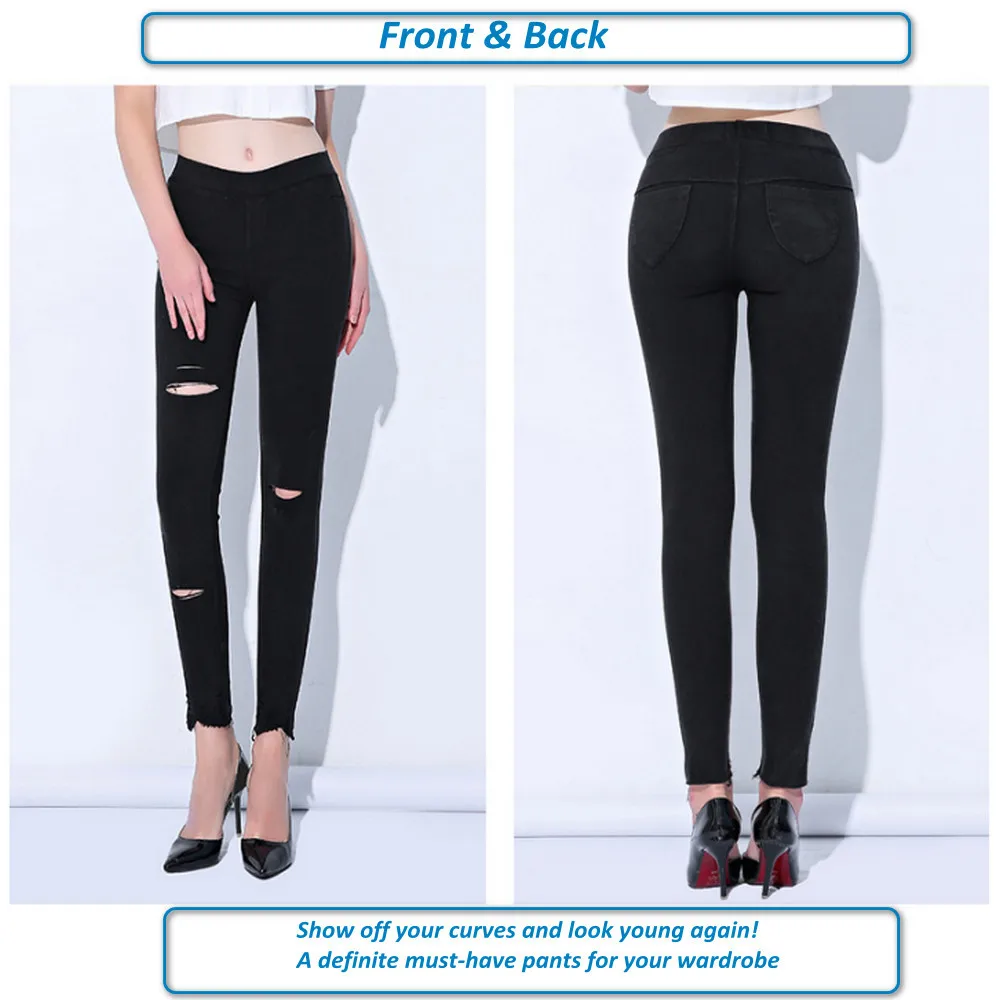 Petite Soft Super Stretch zerrissene Jeans für Damen, schmale, ultra dehnbare Denim-Hose, Vintage-Hose, elastische Taille, schwarze Leggings – Detail 5