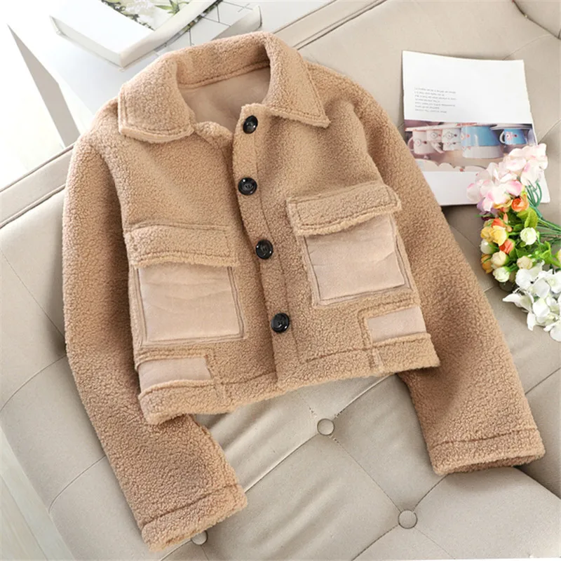 Best Women Short Coat New Autumn Winter Warm Thicken Lambswool Coats Female Casual Single breasted Long Sleeve Jacket Outwear AB1715
