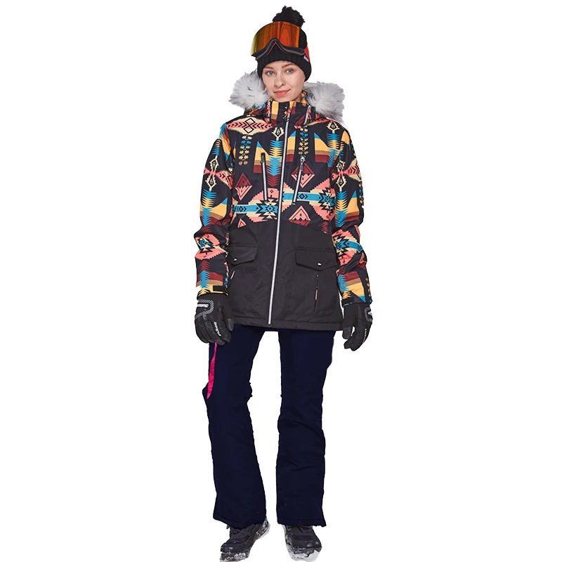Зимний Лыжный комплект, водонепроницаемая женская уличная куртка для сноуборда, зимние штаны, Roupa De, лыжный костюм, меховой воротник, теплый и ветрозащитный - Цвет: Navy