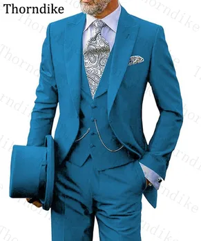 

Thorndike Men Dress Suits Business Wear Slim Fit Wedding Groom Suits Peaked Lapel 3 Pcs of Suits High Quality Men Leisure Suits