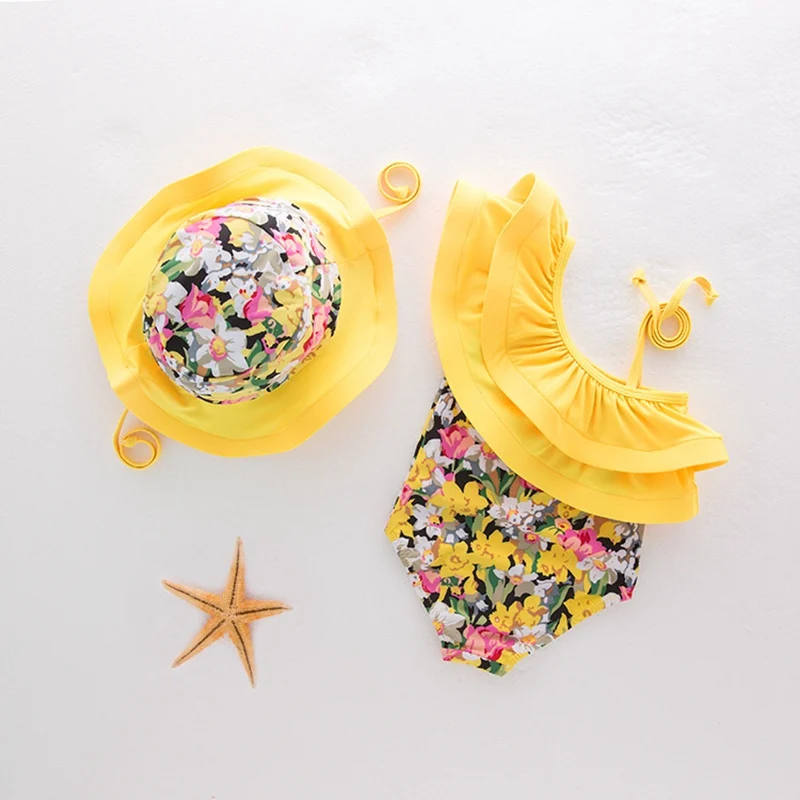 Детский комплект бикини для девочек, купальный костюм для маленьких девочек, комплект из 2 предметов: боди+ шапочка, купальный костюм-бикини для девочек 1-5 лет