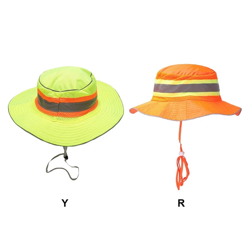 

New Bucket Hat Wide Brim High Visibility Reflective High visibility Traffic Safety Support Breathable Mesh Cap With Chin String